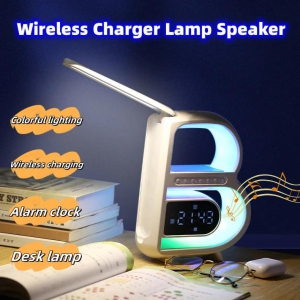 2024 New B-Shaped Blutooth Speaker Multifunctional Smart Music Rhythm Lighting Phone Wireless Charger TF Card AUX Input Standard Mode-Black / Wireless Charger Alarm Clock