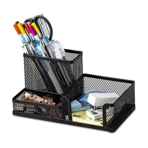 GEEO 3 Compartment Metal Mesh Desk Organizer Stationary Storage Stand Pen/Pencil Holder for Office, Home, and Study Table Small Items Storage Box