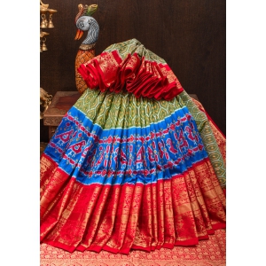 Ikkat Patola Kanjivaram Fusion Silk Saree in Olive Green with Blue Ikkat Panel and Red Zari borders |SILK MARK CERTIFIED