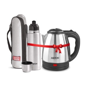 Milton Combo Set Go Electro 1.2 Ltrs Electric Kettle and Flip Lid 1 Ltr- Silver Thermosteel Hot or Cold Stainless Steel Water Bottle with Jacket