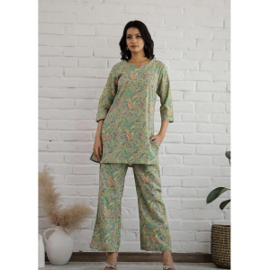 Plus size Green Floral Handblock Print Loungewear set-L