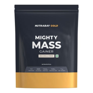 Nutrabay Gold Mighty Mass Gainer Powder - 1kg, Rich Vanilla Creme | 15.6g Protein, 82g Carbs, 395 Calories | 100% Veg | Vitamins & Minerals Rich Muscle Building Supplement for Men & Women