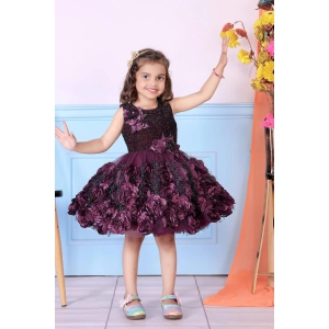 Childbird Wine Color Net Flower Girl's Party Dress-3-4 Year