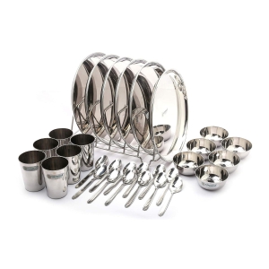 Coconut Stainless Steel (Heavy Guage) Mirror Finish Happy Dinner Set/Dinnerware & Serveware - 30 Pc