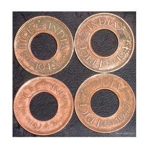 Padmavathi Enterprises - ONE Pice Hole Copper Coin - 1943 - 1944 -1945 & 1947 One Pice - Total 4 Coins - Multi