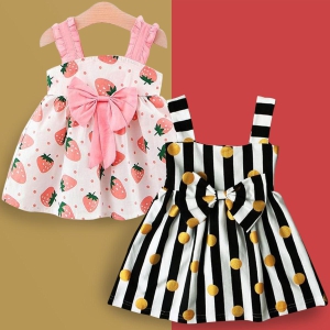 Princess Stylish Black Lining & Pink Strawberry Tunic Dresses & Frocks Combo for Kids.-4 Year-5 Year