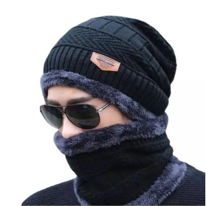 Teemoods Women?s and Men?s Woollen Beanie Cap with Neck Warmer. Knitted Cap with Fur lining-Men?s Woolen Cap with Neck Muffler ? Winter Muffler for Women