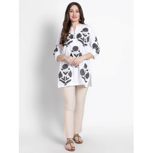 White Printed Cotton Short Kurta-Large