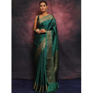 Green Pure Banarasi Silk Weaved With Copper Zari Comes With Heavy Banarasi Brocade Blouse