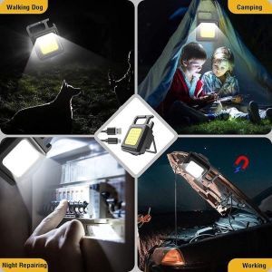 Bright Mini Keychain Light (Pack of 2), Small Led Flashlight USB Rechargeable, 4 Modes, 800 Lumens, Portable Pocket Lights with Folding Bracket Bottle Opener and Magnet - Black