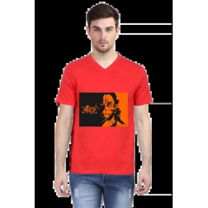 Rudra Hanuman: Classic Male V-Neck Half Sleeve T-Shirt - Available in All Sizes and Colors-Red / 3XL