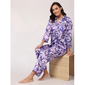 GOCHIKKO Womens Satin Printed Color Night Suit Set of Shirt & Pyjama Pack of 1(Purple Haze Printed)-2XL