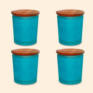 Blue Frosted  GLASS JAR with wooden lid-Pack of 8