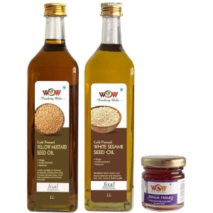 WOW Cooking Oils Virgin Pure Sesame Cold Pressed Yellow Mustard Seed Cooking Oil 1000 Ml x 2 with Free 55 GMS Raw Honey