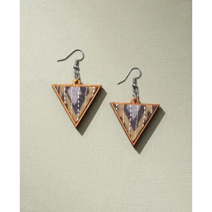 WHE Brown Upcycled Fabric and Repurposed Wood Triangular Earrings