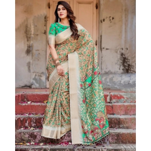 Pure Silk Digitally Printed Saree Weaved With Golden Zari Comes With Tassels