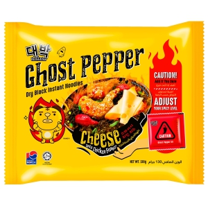 DAEBAK GHOST PEPPER CHEESE SPICY CHICKEN FLAVOUR DRY BLACK INSTANT NOODLES SINGLE PACKET-PLASTIC / BLACK