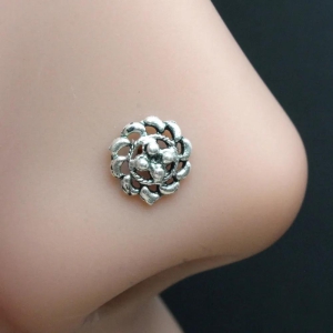 Indian Style Real Solid Silver Flower Twisted Oxidized Nose Stud nose ring-Left Nostril