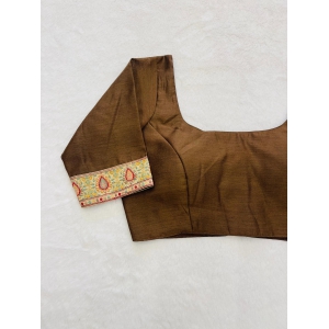 Cotton Silk Brown Elbow Length Blouse-S