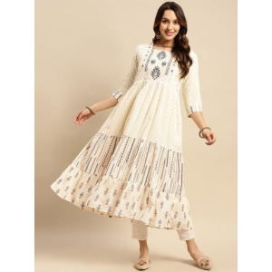 Rangita Women 100% Cotton Off White Yoke Embroidered Self Textured Calf Length Anarkali Kurti - None