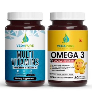 Vedapure Wellness Duo Combo - Fish Oil Omega-3 Double Strength for Heart, Brain & Muscle function & multivitamin for Energy, Stamina, & Immunity Combo