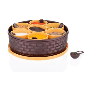 HOMETALES Round Plastic Masala Box|Plastic Brown Spice Box for Kitchen|Masala Container Set of 7 with Spoon - Brown