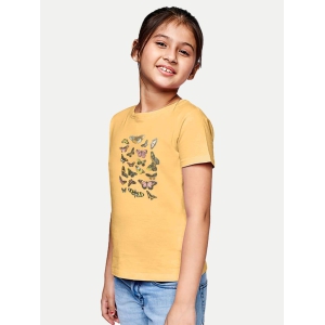 Girls Mustard Printed Crew Neck T-Shirt