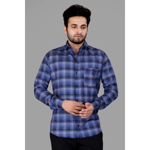 Blue Cotton Blend Checks Print Casual Shirt-M