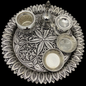 ijuels 925 silver pooja thali set Puja Thali for Festival, Home, Temple, Mandir, Diwali Gift ( Inches, Set of 5 Pieces)