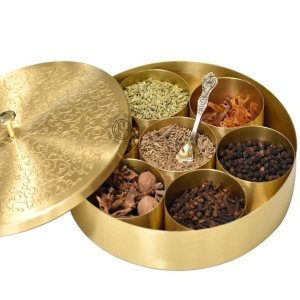 Pure Brass Spice Box (Masala Dani) Set With 1 Spoon And 7 Containers For Kitchen Floral Design. (8 Inch)