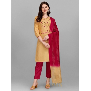 Beige Colour Slub Cotton Embroidery Work Casual Wear Kurta Pant Dupatta Set For Women's-L-40 / Beige