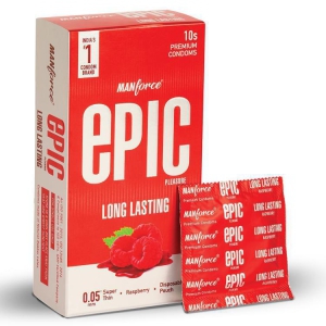 Manforce Epic Pleasure Long Lasting Premium Condom for Men, Super Thin, Raspberry Flavour, Disposable Pouch (10 Counts)
