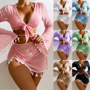 Chic Fringed Bow Tie Bikini Set with Short Skirt and Long Sleeve Cover-Up-Sky Blue / S