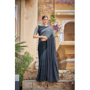 Grey Color Chinnon Sequence Work Saree for Wedding Guest