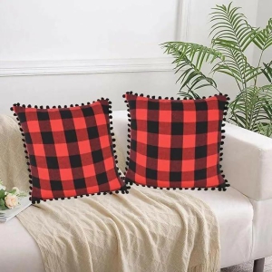 Lushomes Square Cushion Cover with Pom Pom, Cotton Sofa Pillow Cover Set of 2, 16x16 Inch, Big Checks, (40x40 Cms - Multicolour)-Red & Black