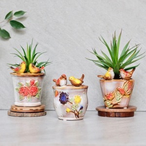 Ceramic Pots With Birds Set of 3