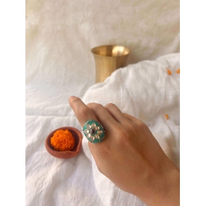 Firoza turquoise stone silver ring with kundan detail