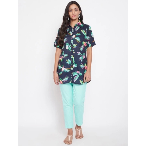 Women Navy Blue & Sea Green Printed Shirt with Trousers