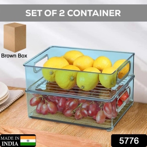 5776 Plastic Refrigerator Organizer Bins, Set Of 2 Stackable Fridge Organizers with Handle, Clear Organizing Food Fruit Vegetables Pantry Storage Bins for Freezer kitchen Cabinet Organization and