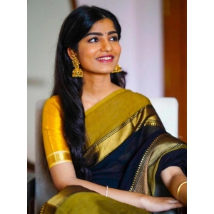 Black Silk Saree | Yellow Saree | Indian Wedding Saree | South Indian Saree | Saree With Stitched Blouse | Kanjivaram Saree | Saree India  by Rang Bharat