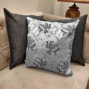 GOODVIBES White Silver Grey Damask/Self Design/Woven Floral Motifs Zipper Square Combo Cushion Covers (24x24 inch or 60 x 60 cm) Set of 3