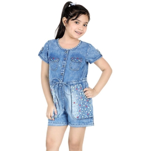 Naughty Ninos Girls Blue Denim Floral Emboidered Jumpsuit - None