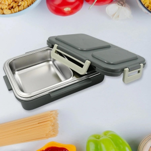 5583 Miracle Quick Lock Leak Proof 2 Compartment Stainless Steel LUNCH BOX Inner Plate Reusable Microwave Freezer Safe Lunch Box Trendy Thermal Insulation Leak Proof for Office Vacuum Tiffin Box