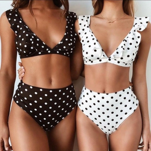 Dotty Charm Ruffled Deep V-neck Bikini Set-Black / M