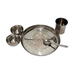 Dynore Lasered Dinner Set for Kids Silver Stainless Steel Dinner Set ( Pack of 5 ) - Silver