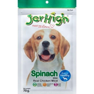 Jerhigh Chicken Dog Treats, Human Grade High Protein Chicken, Fully Digestible Healthy Snack & Training Treat, Free from by-Products & Gluten, Spinach 70gm (6 X 70g)