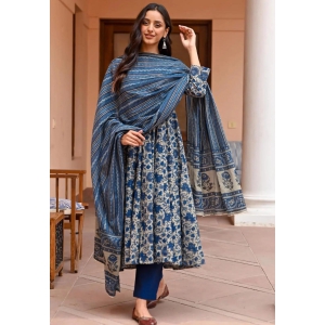 Blue Floral Anarkali Kurta Set For Women-S