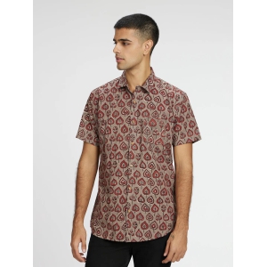 Grey Leaf Block Printed Holiday Halfsleeves Cotton Shirt-S