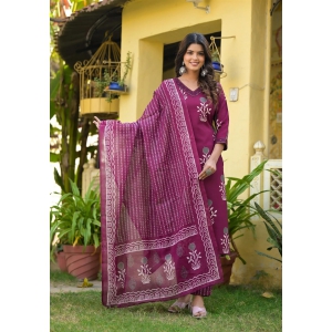 Wine Color Straight Kurta Set with Bottom Wear and Dupatta-XL