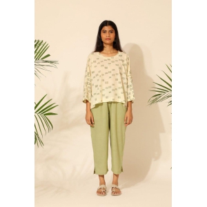 Tiera White And Green Block Printed Boxy Top